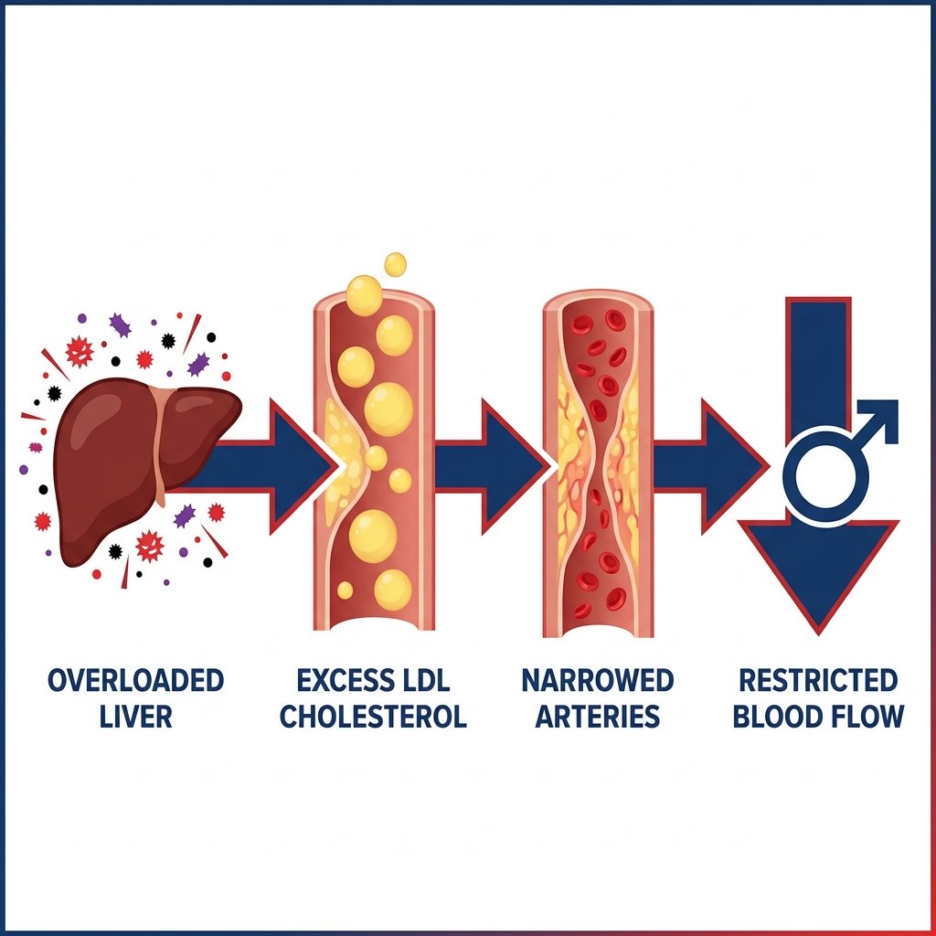Diagram: Liver overload → cholesterol → restricted blood flow