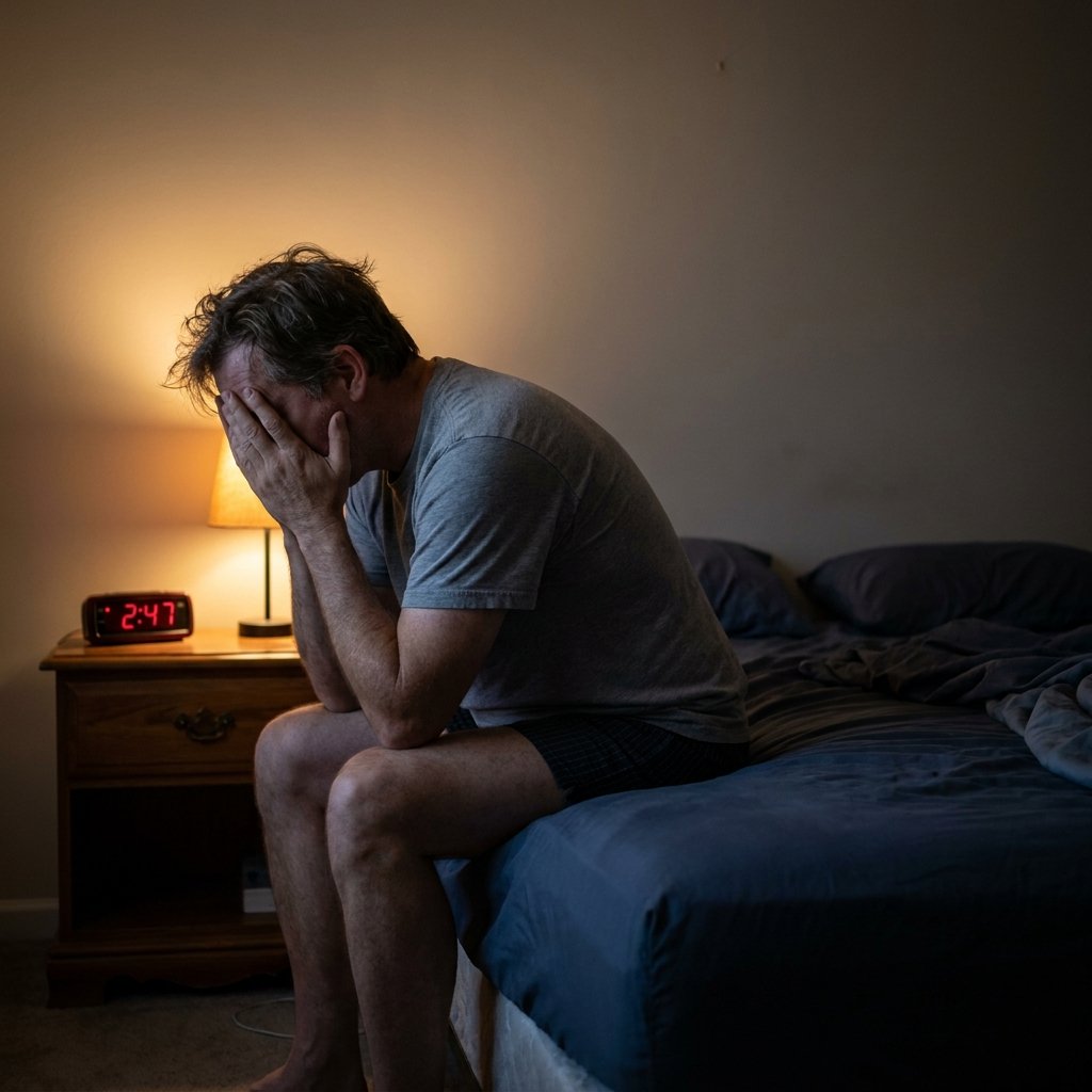 Man sitting on edge of bed, frustrated