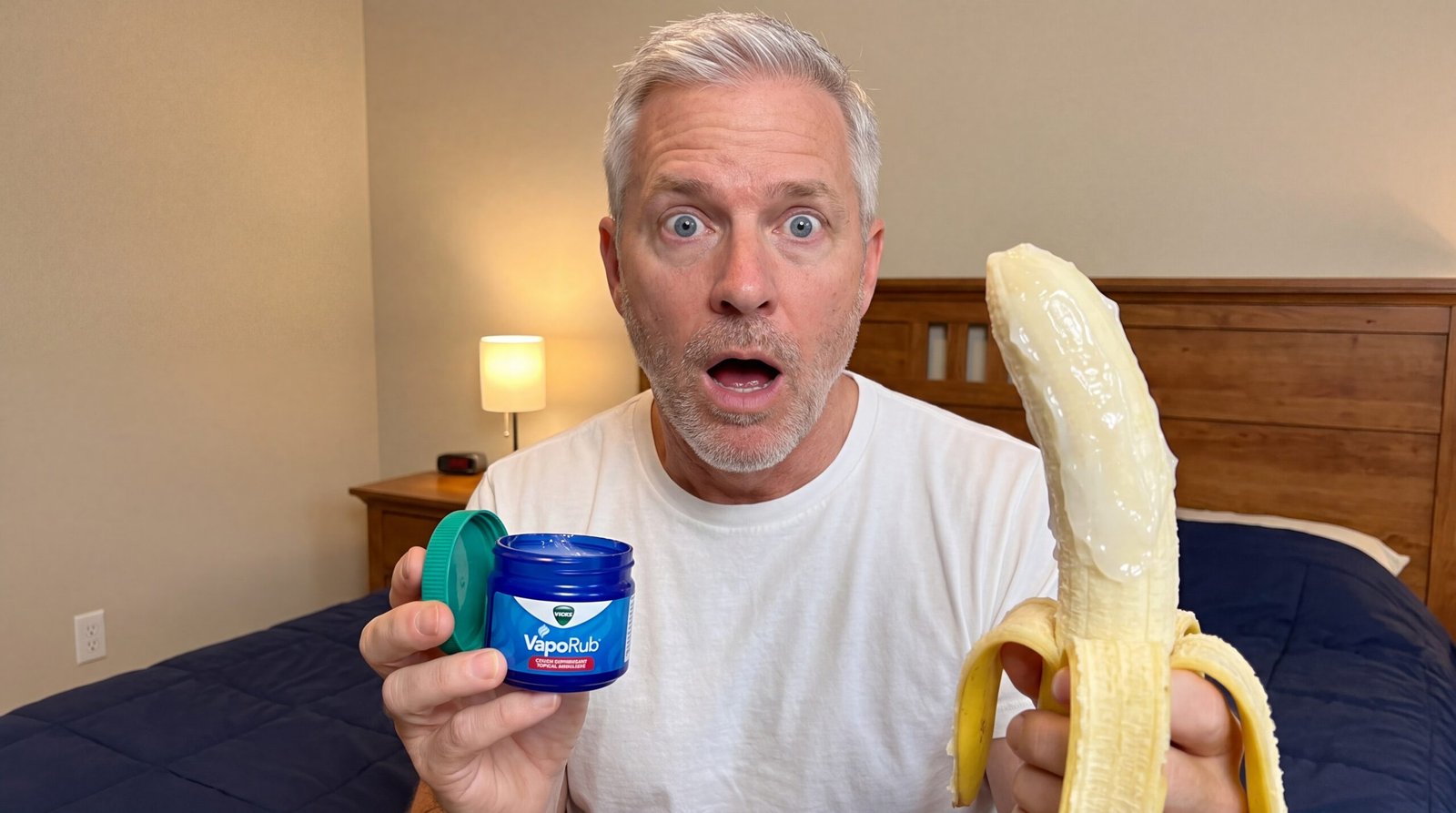 Man holding Vicks VapoRub jar with shocked expression
